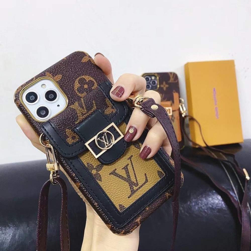 Hortory designer LV iPhone case with magnetic flip wallet card holder and  lanyards for iphone 12 13 14 15 pro max